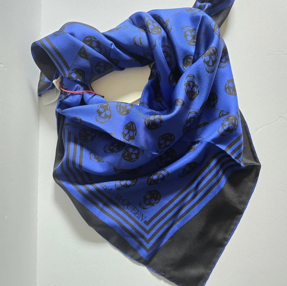 Alexander McQueen Biker Crashed Skull Silk Scarf Bright Blue Black - Picture 2 of 7